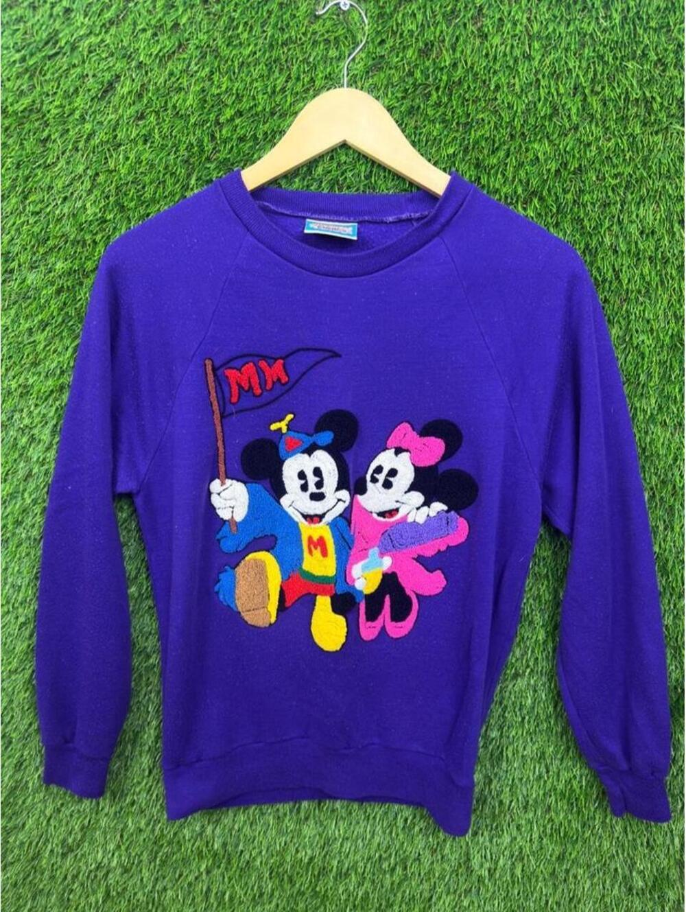 Vintage Mickey & Minnie Mouse Purple Embroidered Crewneck Sweatshirt